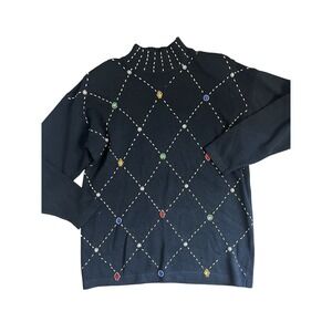 VTG Wm Med OHI Gold Embroidered Gem Jewel Black Sweater Mock Eclectic 90s 00 Y2K